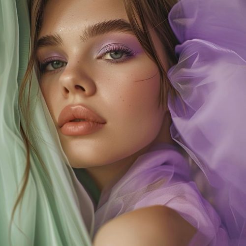 cinematic photography of a beautiful girl in beauty salon in beige purple and green colors cinematic photography of a beautiful girl in beauty salon in beige purple and green colors